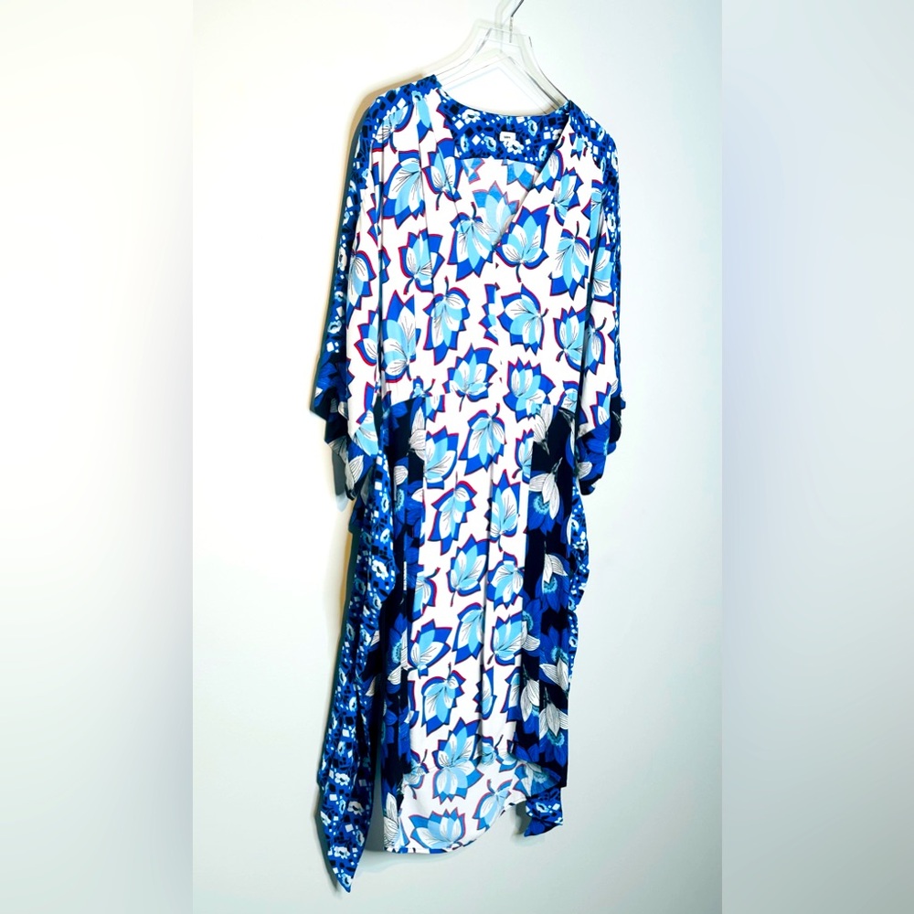 Warm Leaf Kimono Printed Midi Waist Tie Blue White Dress Size 0 - Picture 5 of 16